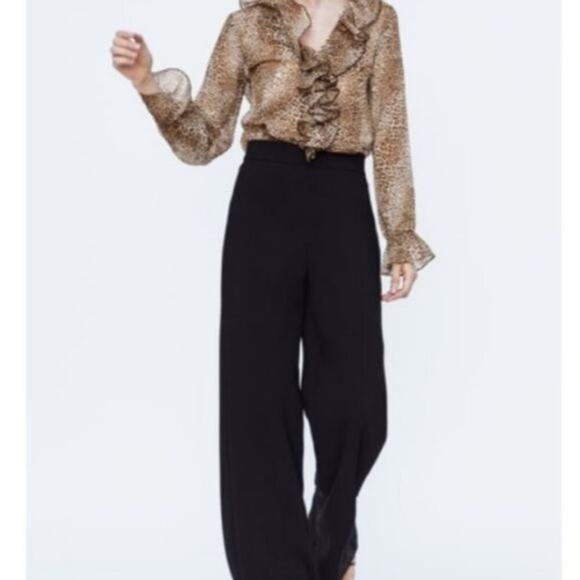 Zara Accessories Bodysuit Womens Small Brown Sheer Leopard Ruffled Animal Print - Picture 4 of 11